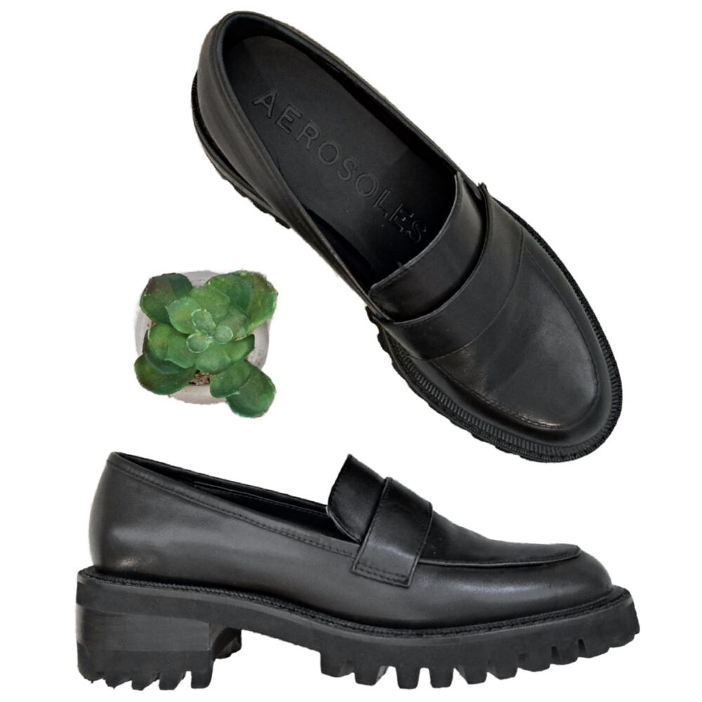 AEROSOLES Ronnie Chunky Loafer Size 7.5 Black Leather Lug Sole Penny